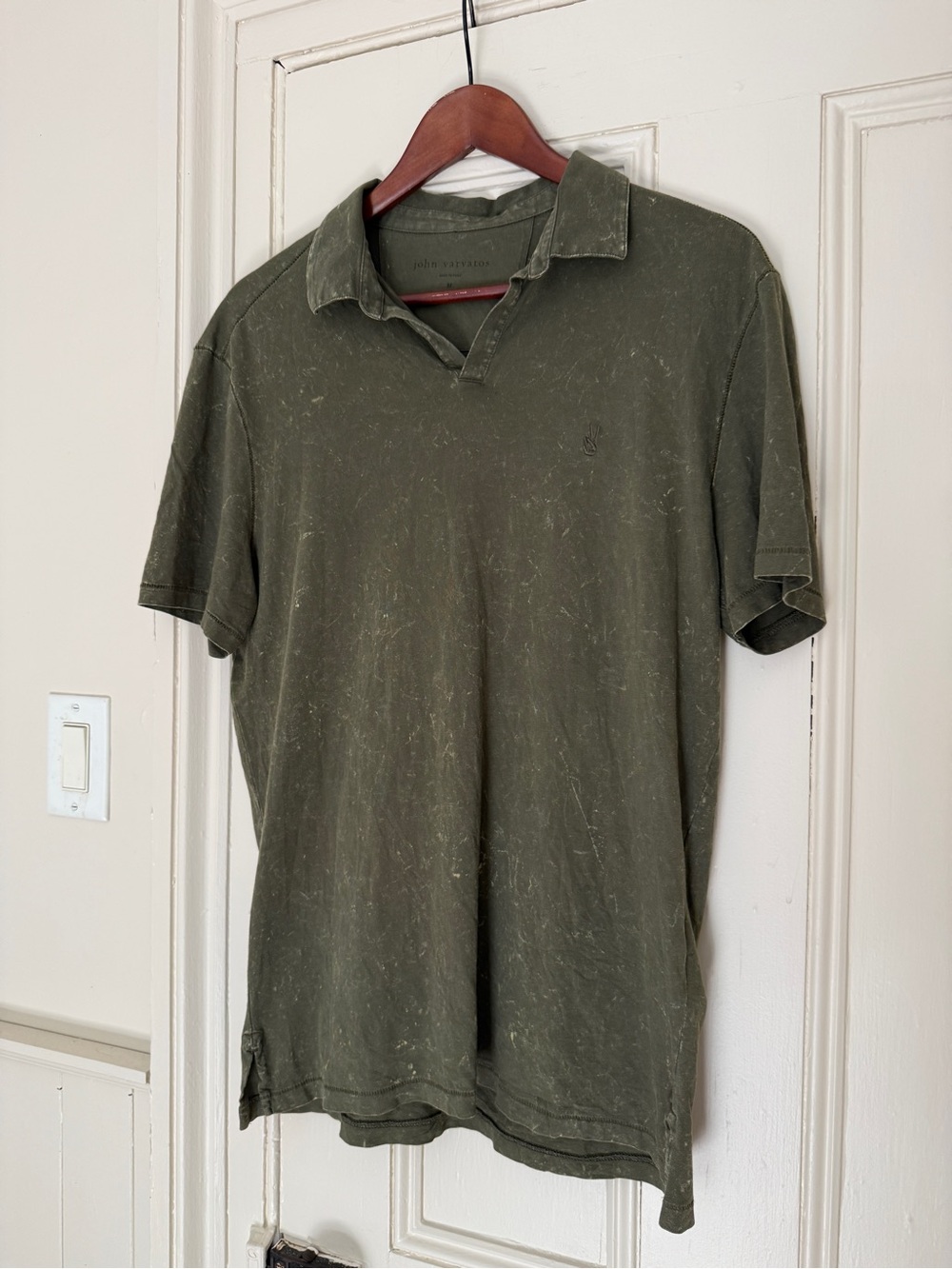 John Varvatos Military Olive Green Acid Wash Polo Shirt! WOW. Sz Med. LUXURY!